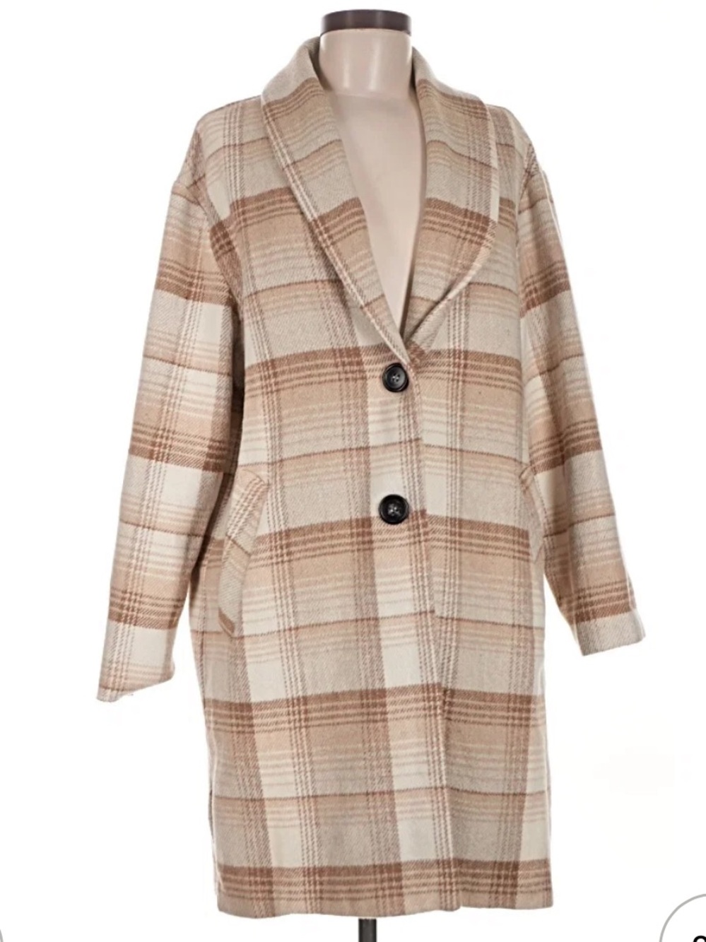 Lush Beige Plaid Shawl-Collar Pea Coat